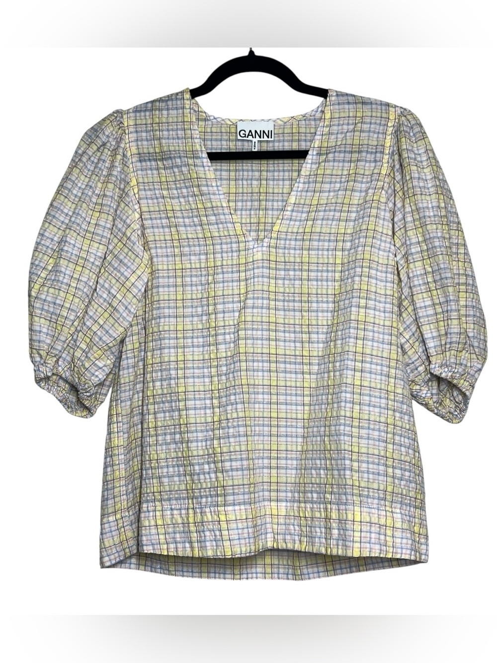 GANNI Top Womens Size 36 Pastel Seersucker V Neck Puff Sleeve Blouse Boxy Fit